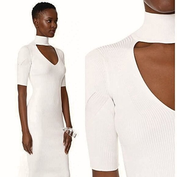CUSHNIE ET OCHS White Turtleneck Choker Cutout Ribbed Bodycon Sweater Dress Sz M - Picture 4 of 6